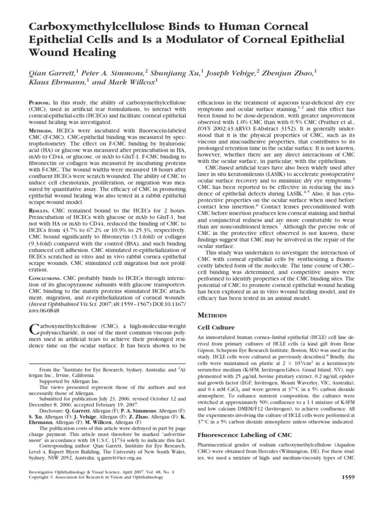 Carboxymethylcellulose Binds To Human Corneal Epithelial Cells and Is A ...