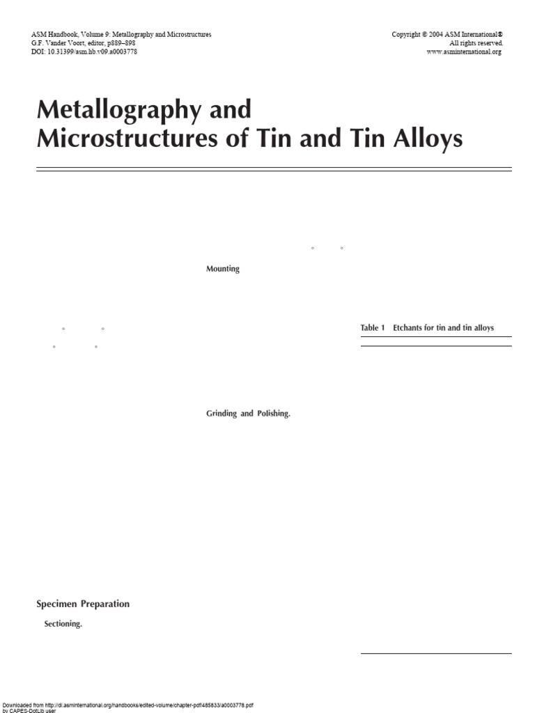 Metallography of Tin and Alloys | PDF | Tin | Solder