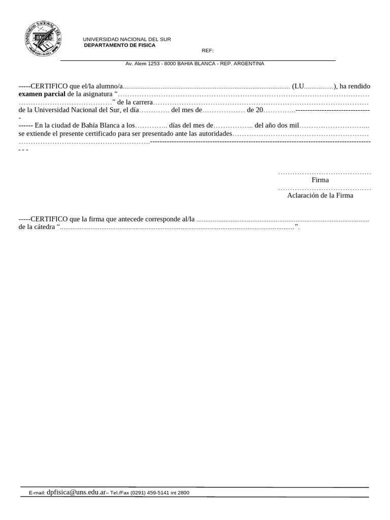 Certificado de Examen Parcial UNS | PDF