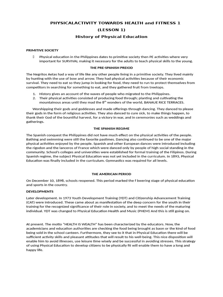 History of Physical Education Pe1 | PDF | Physical Fitness | Body Mass ...
