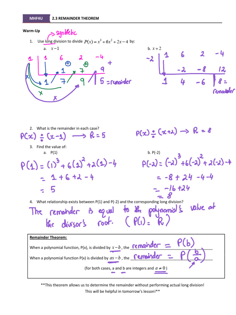 Understanding the Remainder Theorem | PDF | Algebra | Elementary ...