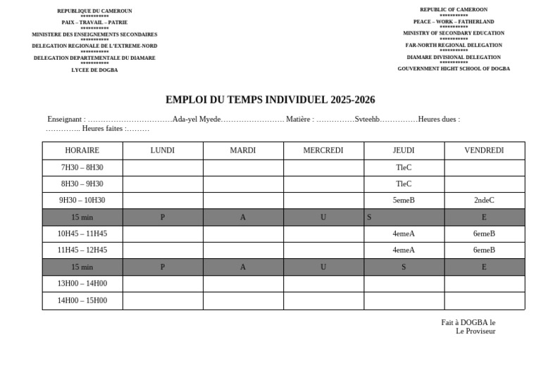 Emploi du temps 2025-2026 au Lycée de Dogba | PDF