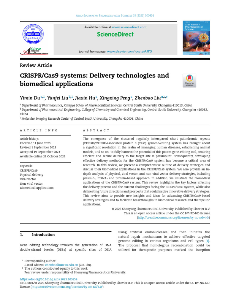 CRISPR Cas9 Systems Delivery Technologies and Biomedical Applications ...