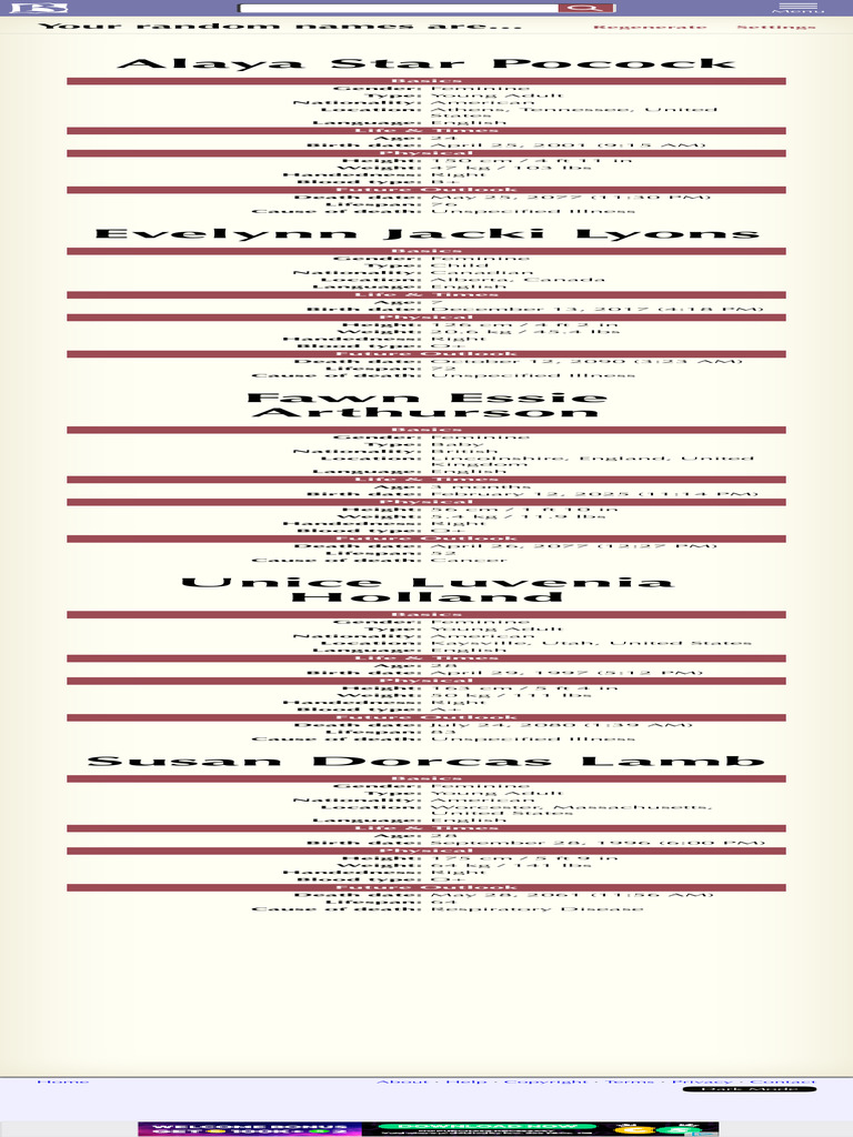 Random Character Profiles and Lifespans | PDF