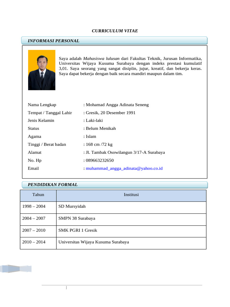 CV Mahasiswa Informatika Surabaya | PDF