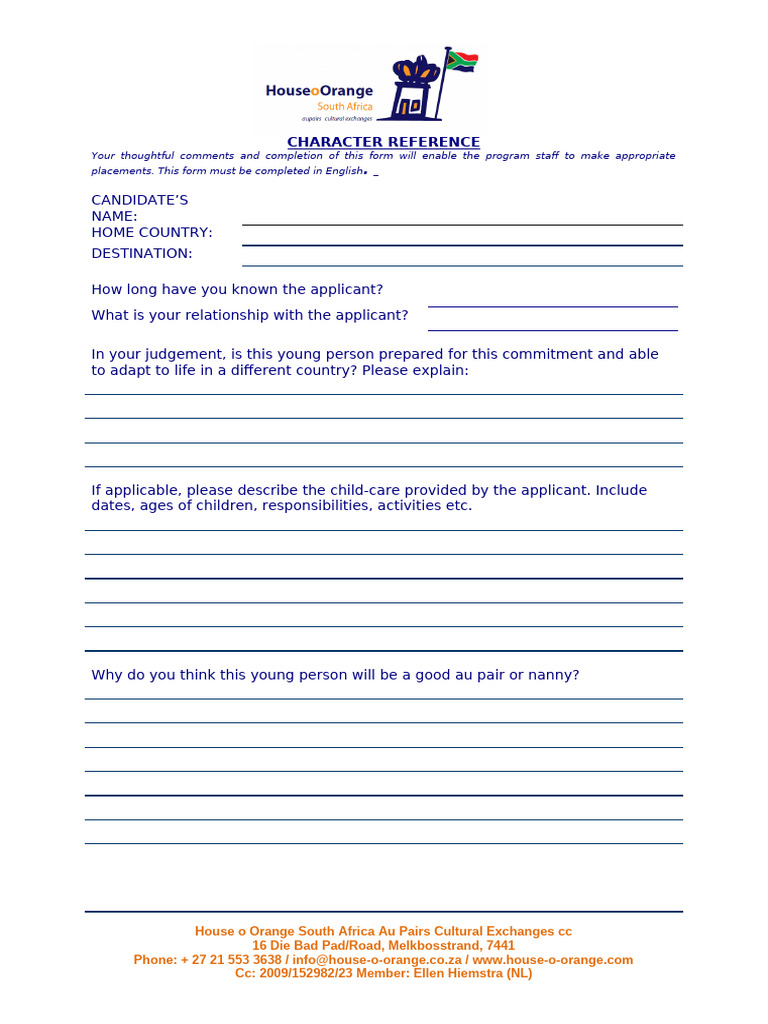 Au Pair Candidate Reference Form | PDF