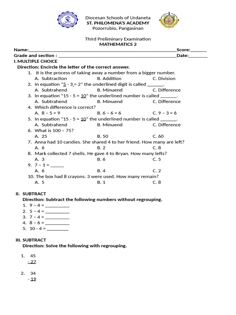 Math 2 3rd Prelimenary Exam | PDF