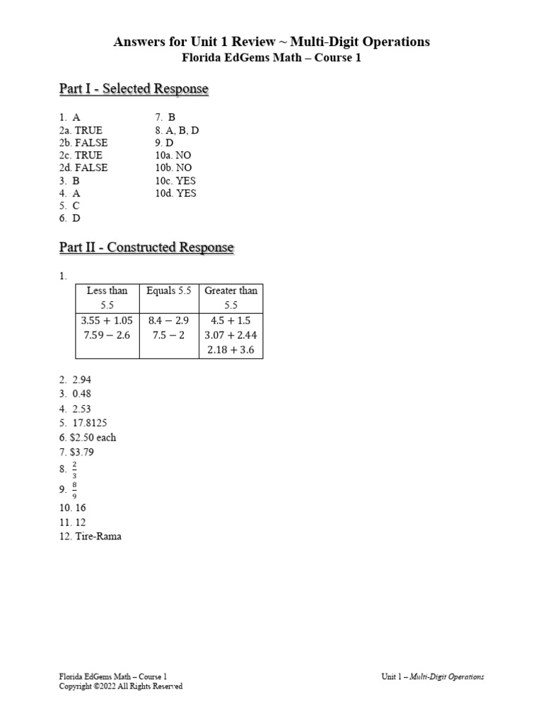 Unit 1 Multi-Digit Operations Answers | PDF
