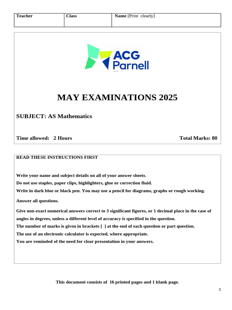 2025 As Exam 1 For Canvas - QP | PDF | Function (Mathematics) | Mathematics