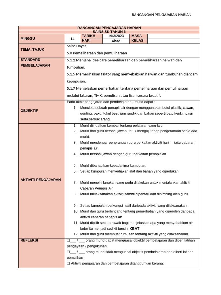Rph Ringkas Minggu 14 Sains Sk Thn 6 2023 by Cikgu Gorgeous | PDF