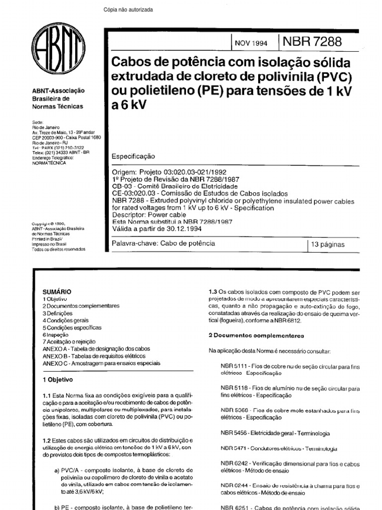 NBR 7288: Cabos de Potência Isolados | PDF | Condutor elétrico ...