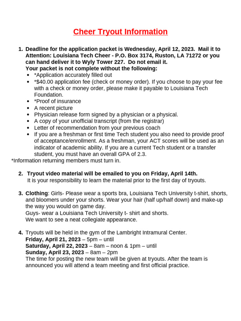Louisiana Tech Cheer Tryout Details | PDF | Cheerleading