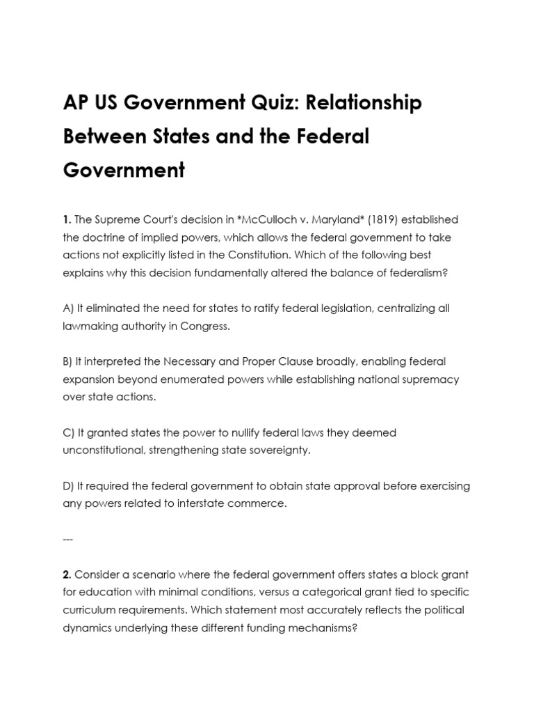 AP US Government Quiz_ Relationship Between States and the Federal ...