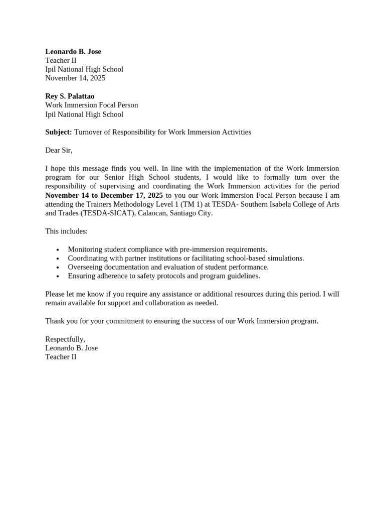 Letter For Turnover | PDF