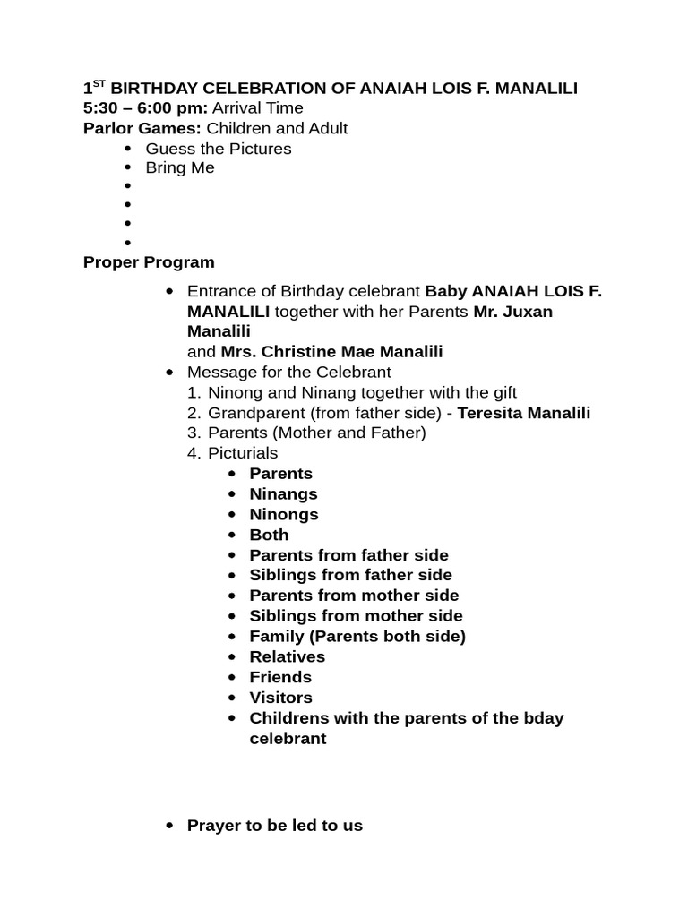 Anaiah's 1st Birthday Celebration Plan | PDF