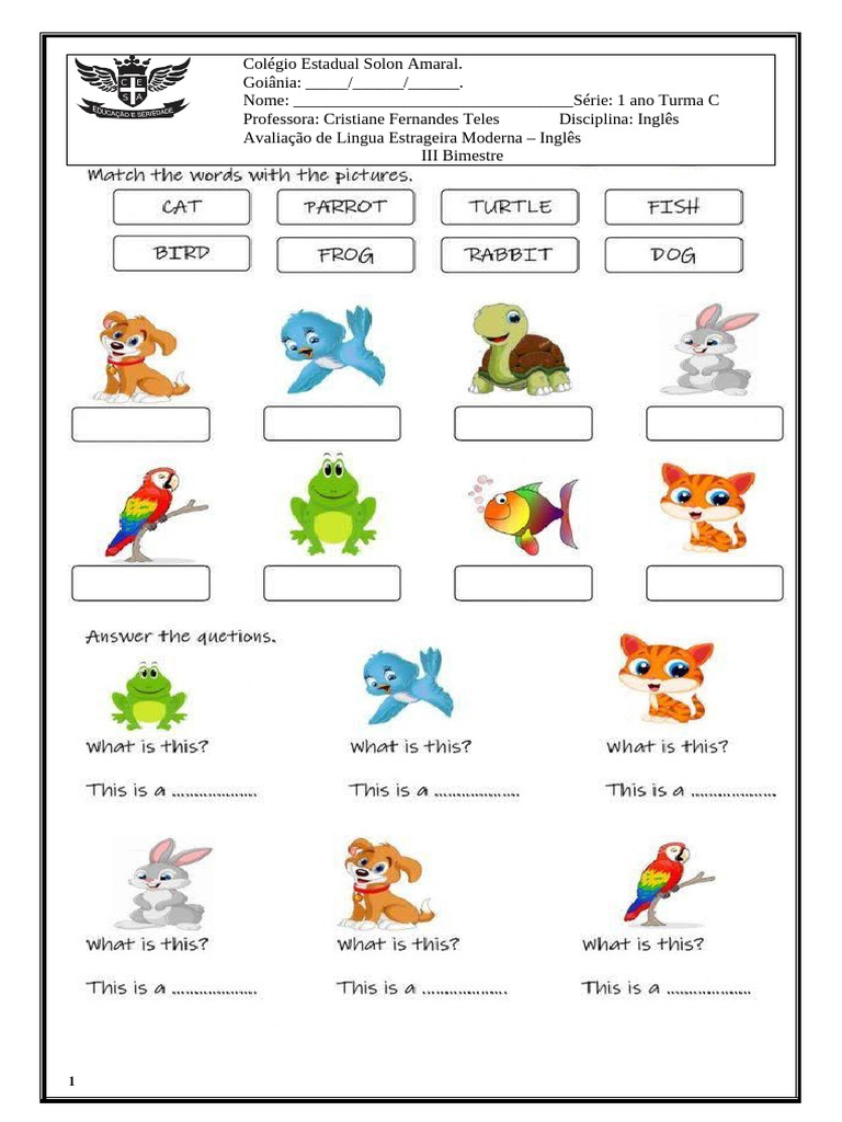 Avaliação de Inglês - 1º Ano C | PDF