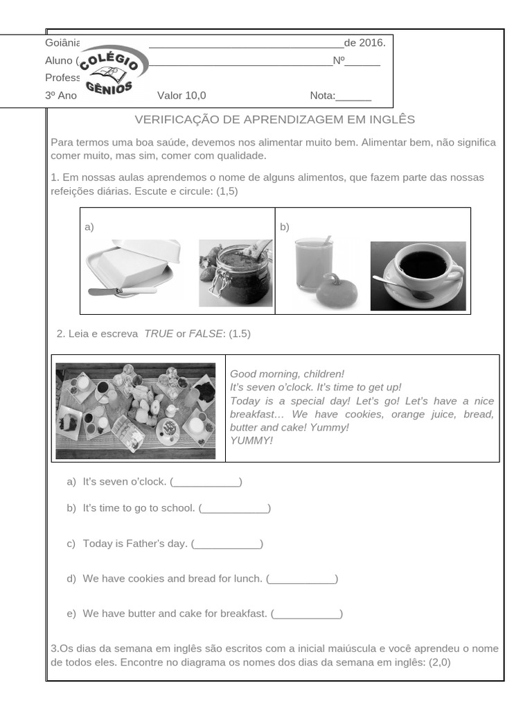 prova DE INGLES 3o | PDF