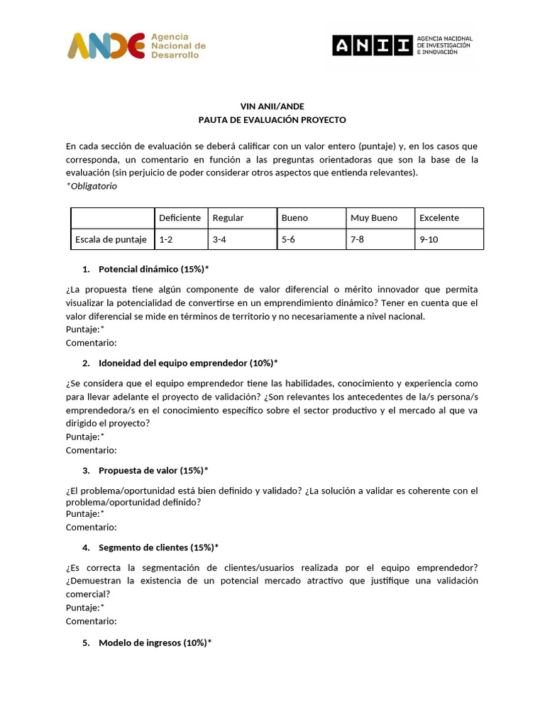 Pauta de Evaluación para Proyectos Emprendedores | PDF | Iniciativa ...