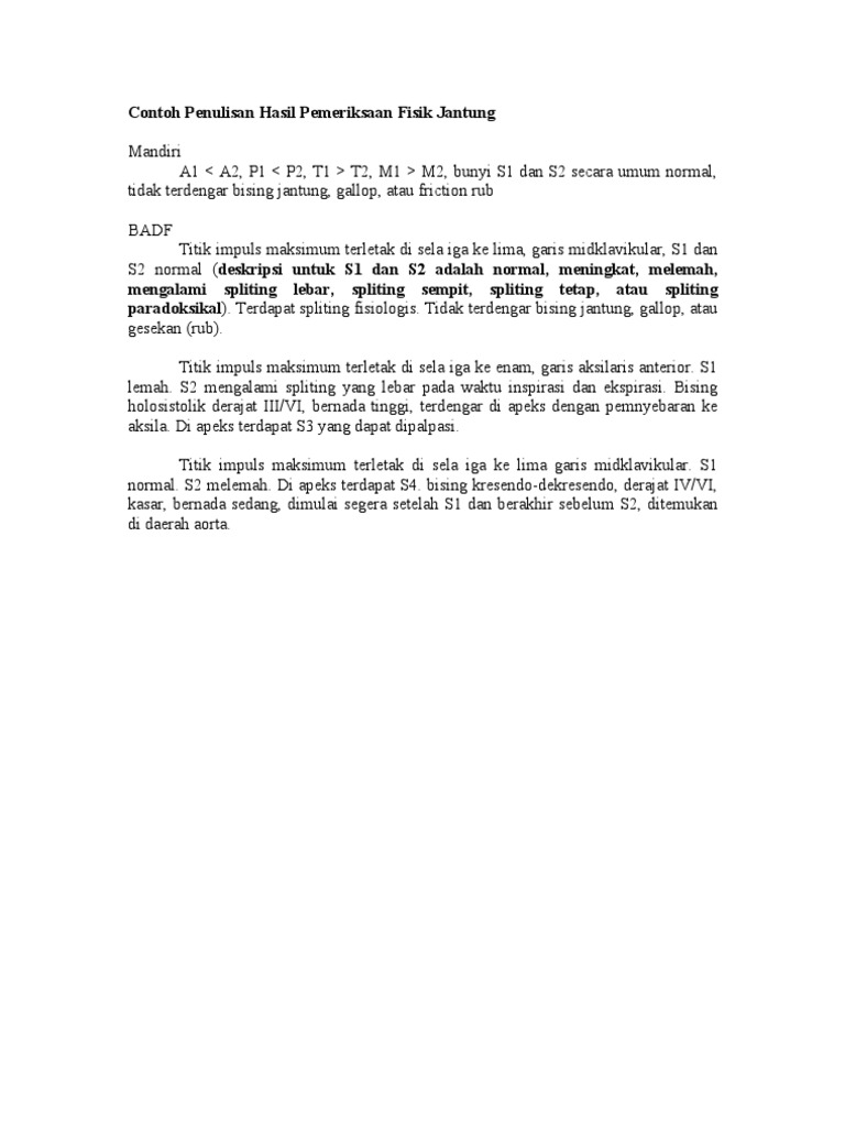 Contoh Penulisan Hasil Pemeriksaan Fisik Jantung