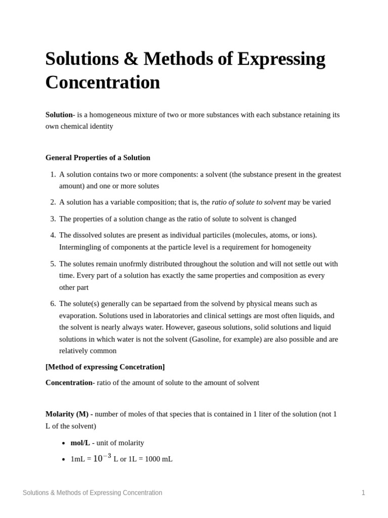 Concentration Calculation Methods | PDF | Mole (Unit) | Scientific ...