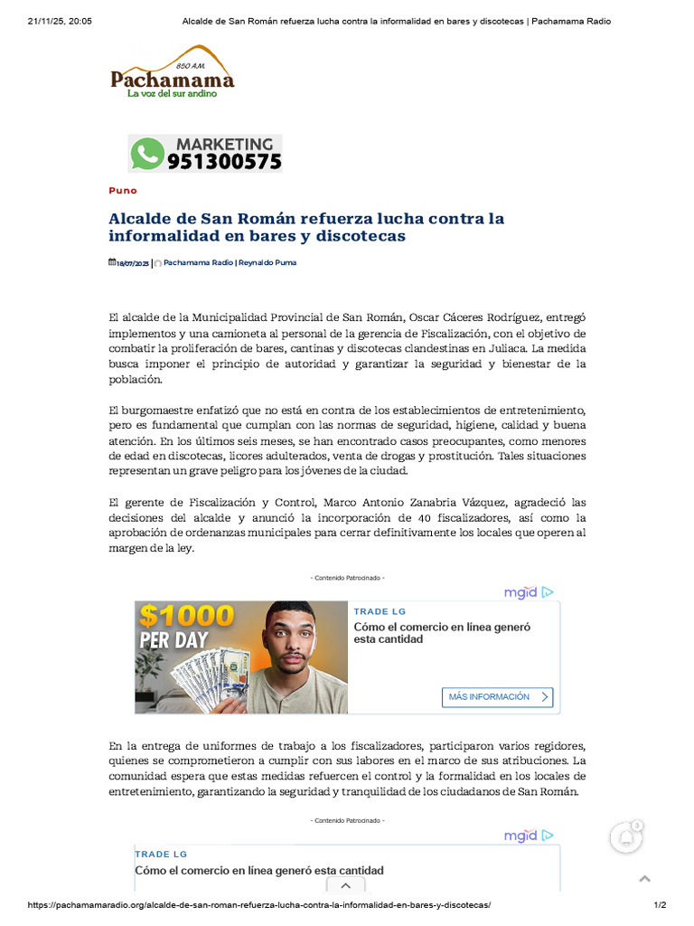 Alcalde de San Román Refuerza Lucha Contra La Informalidad en Bares y ...