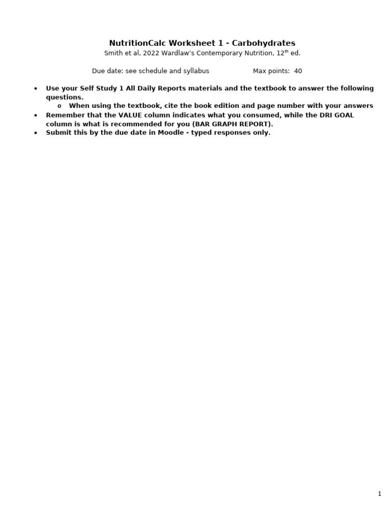 NCalc Worksheet 1 - Carbs STUD | PDF | Carbohydrates | Dietary Fiber