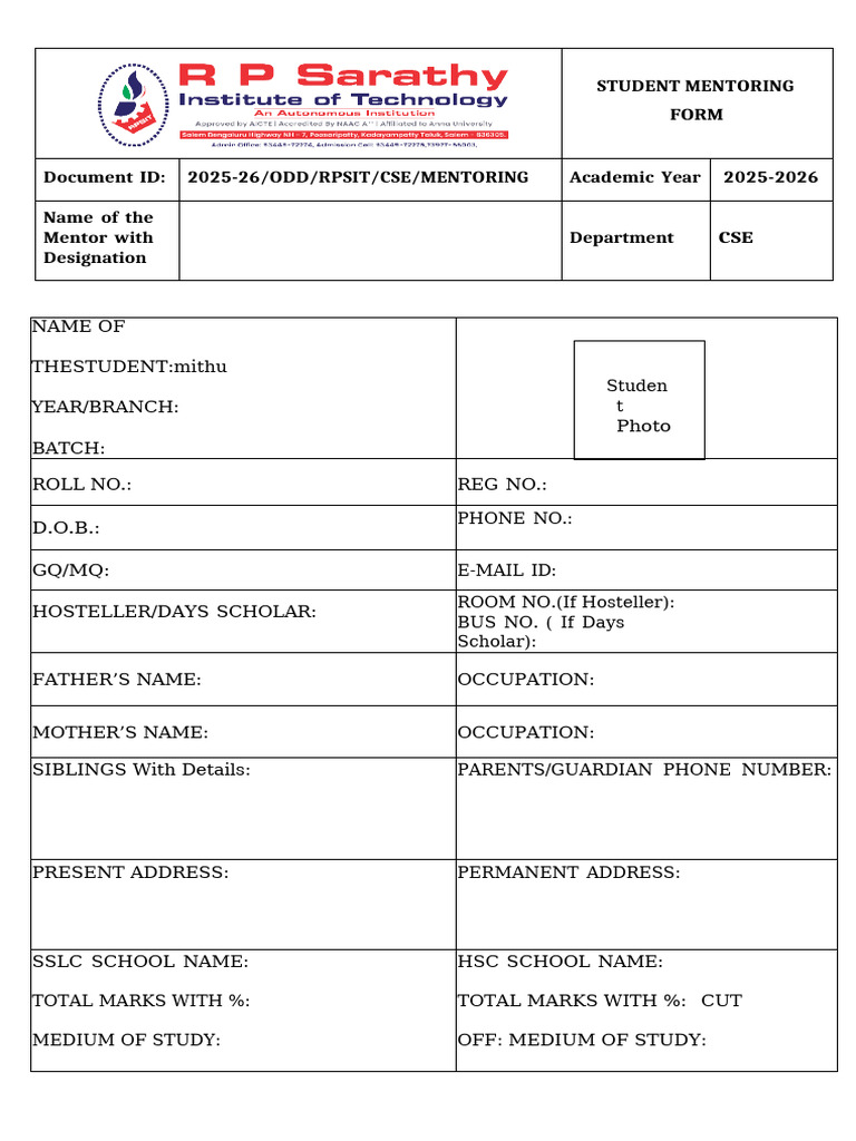 Student Mentoring Form 2025-26 | PDF