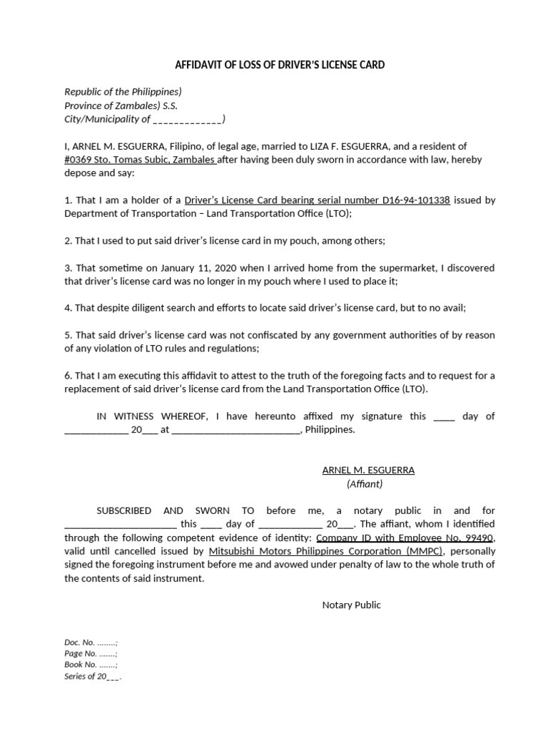 Affidavit for Lost Driver's License | PDF