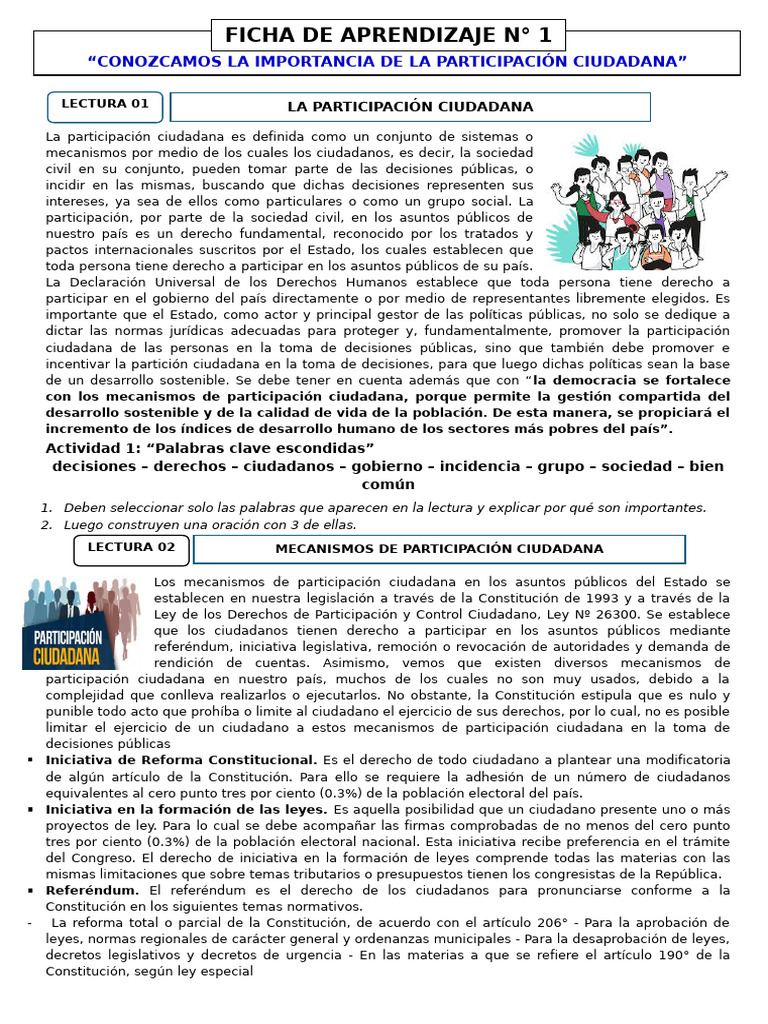 3° DPCC - FICHA DE APRENDIZAJE 1 UNIDAD 8 | PDF | Participación pública ...
