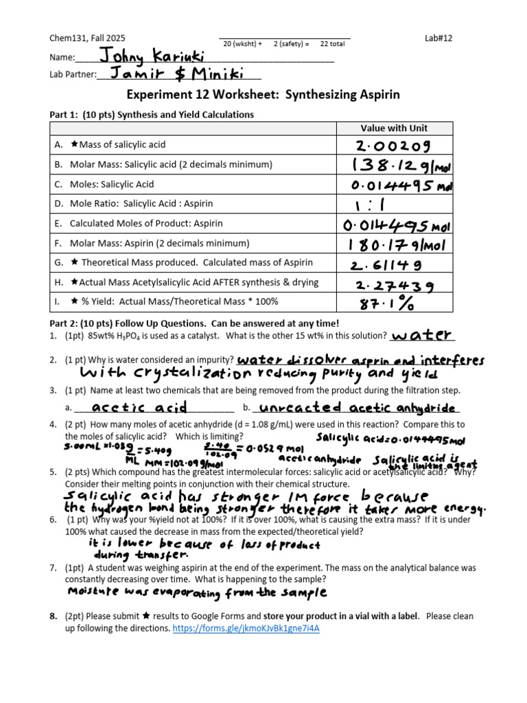 Aspirin Synthesis Lab Worksheet | PDF