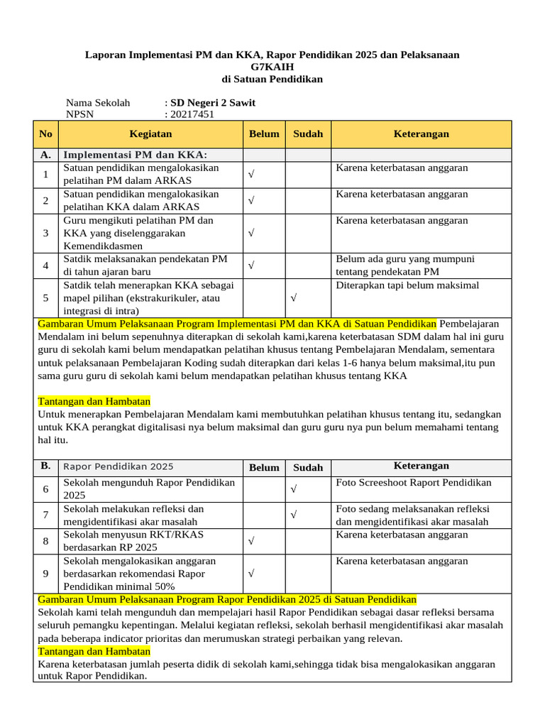 Implementasi PM, KKA, dan G7KAIH SD 2 Sawit | PDF