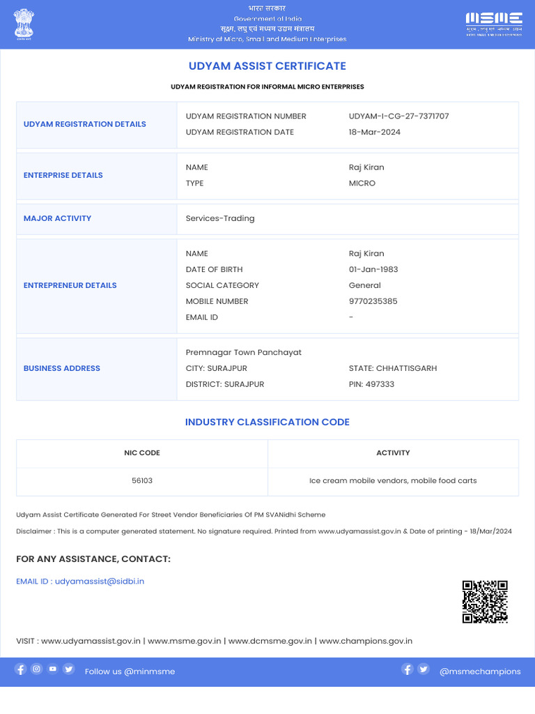 Udyam Registration Certificate for Micro Enterprise | PDF