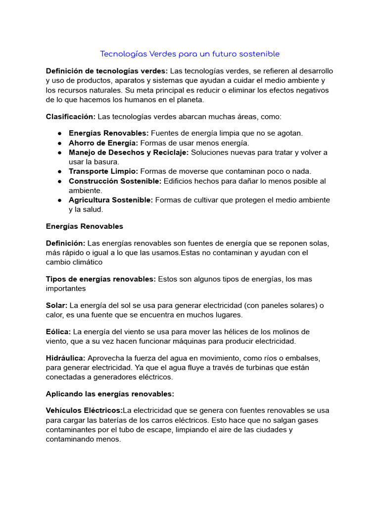 Tecnologías Verdes para un Futuro Sostenible | PDF | Residuos | Energía ...