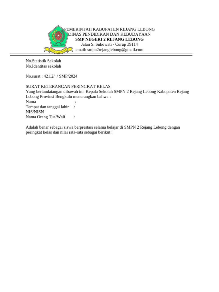 Surat Keterangan Peringkat Kelas SMPN 2 | PDF