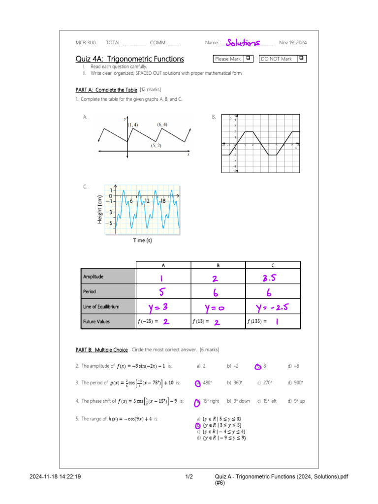 Quiz A - Trigonometric Functions (2024, Solutions) | PDF | Function ...