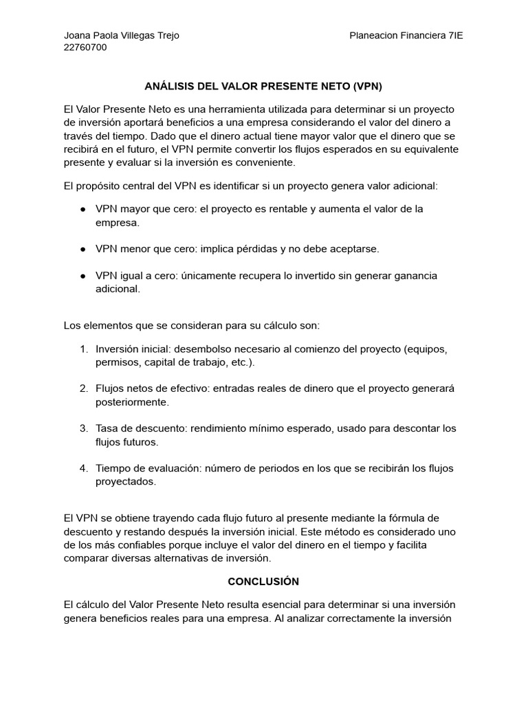 Análisis del Valor Presente Neto (VPN) | PDF | Valor presente neto ...