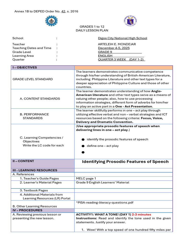 ENGLISH9 - LP - Wk4 - Day1 2 Prosodic Features of Speech | PDF | Stress ...