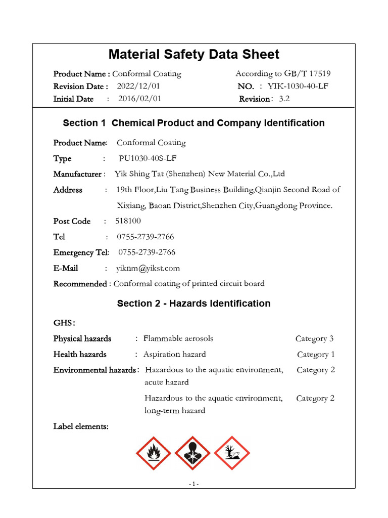 Conformal Coating MSDS Overview | PDF | Dangerous Goods | Safety