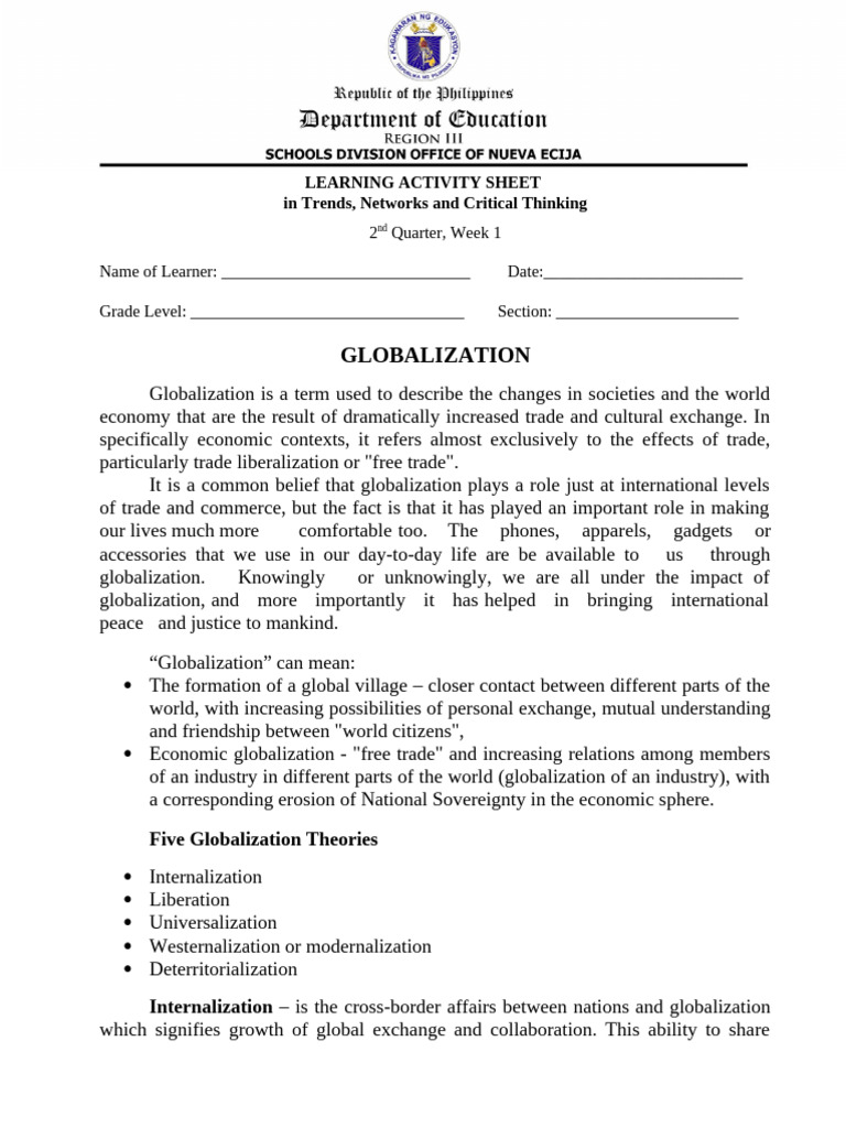Learning Activity Sheet Trends Week 1 Q 4 | PDF | Globalization | Human ...