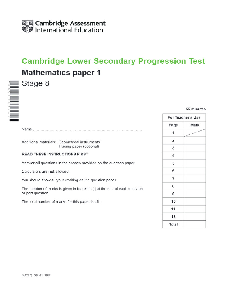 Stage 8 Math Test Paper | PDF