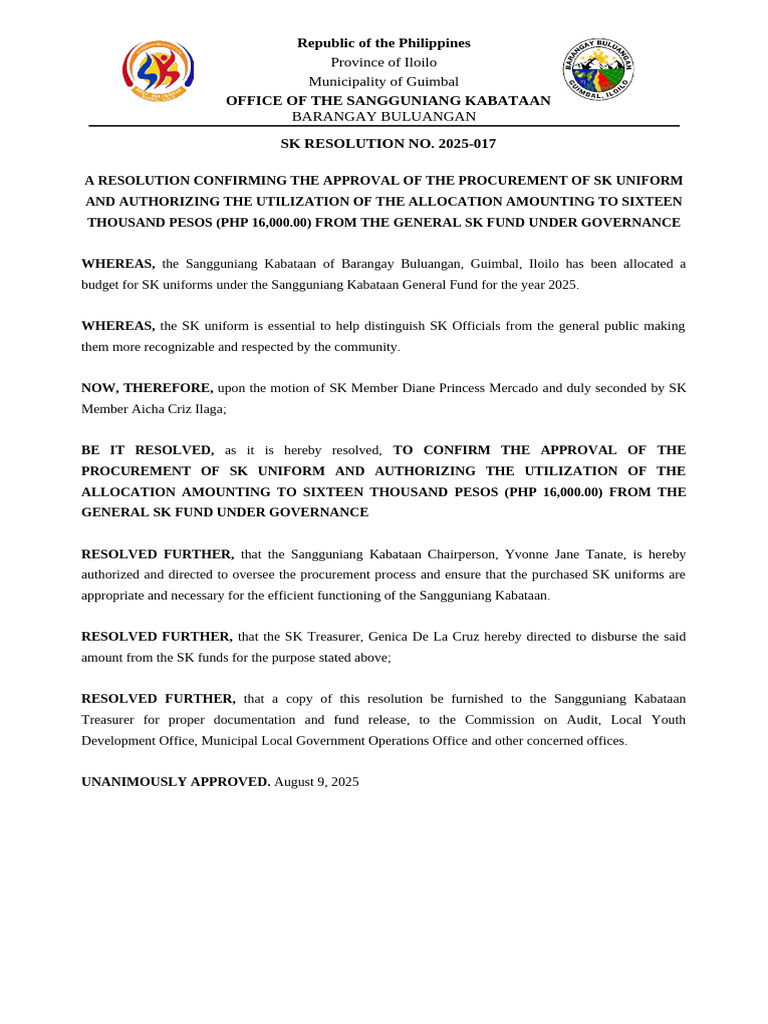 SK Uniform Procurement Resolution 2025 | PDF