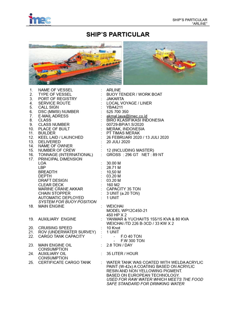 Ship Particulars of ARLINE Vessel | PDF | Ships | Tonnage