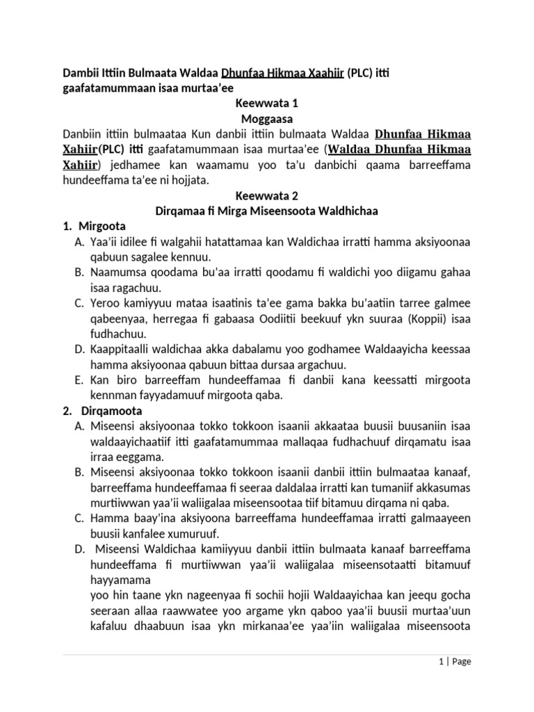 Dambii Ittiin Bulmaata Waldaa PLC | PDF