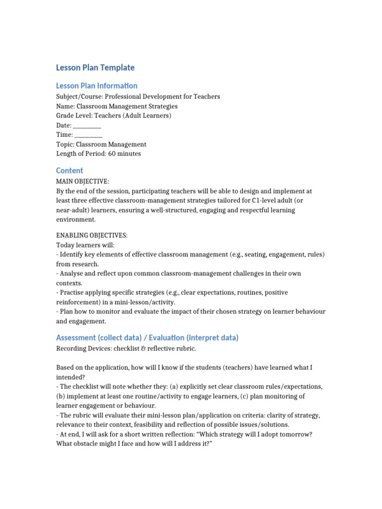 Classroom Management Lesson Plan C1 With References | PDF | Classroom ...