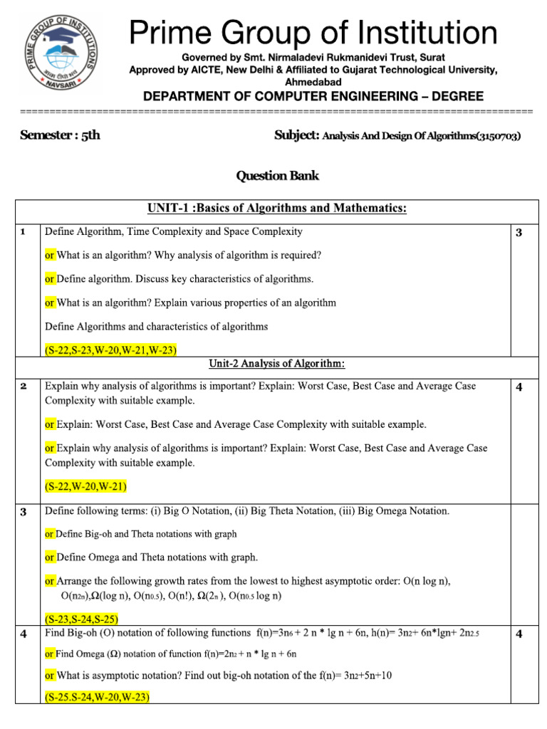 ADA - Question Bank Format | PDF