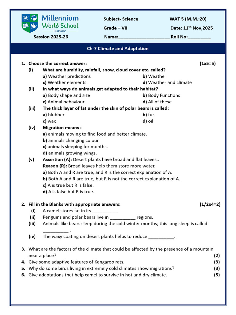 Climate Adaptation Quiz for Grade VII | PDF