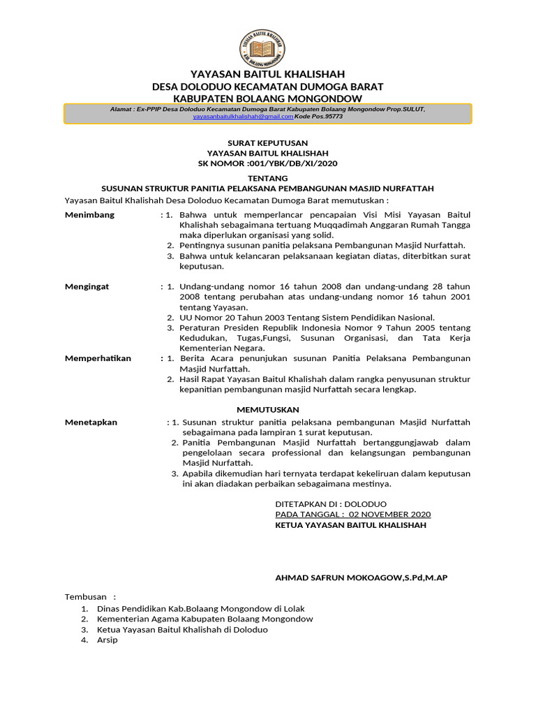 Struktur Panitia Pembangunan Masjid Nurfattah | PDF
