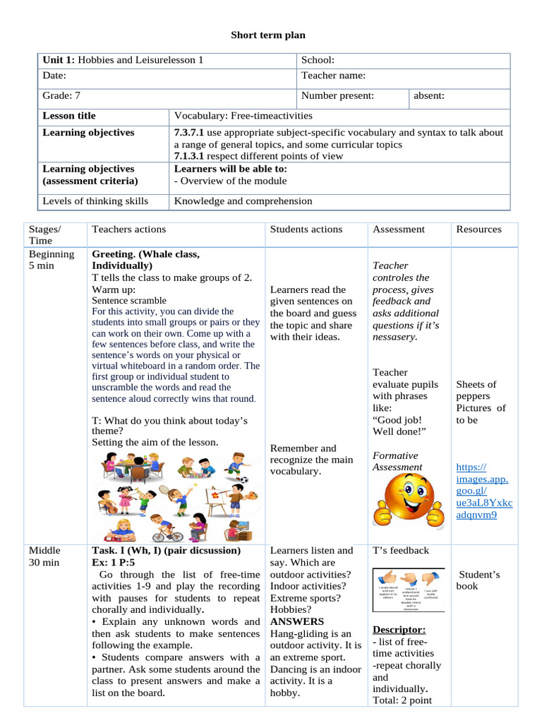 Hobbies and Leisure Lesson Plan for Grade 7 | PDF | Reading ...