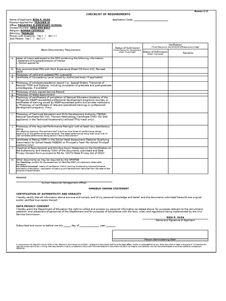 Annex C 2 Checklist of Requirements and Omnibus Sworn Statement | PDF