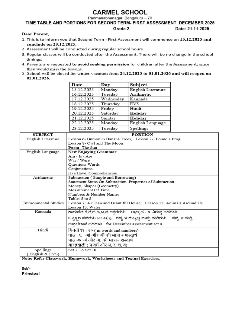 Grade 2 - 2nd Term 1st Assmt. Dec. Time Table | PDF